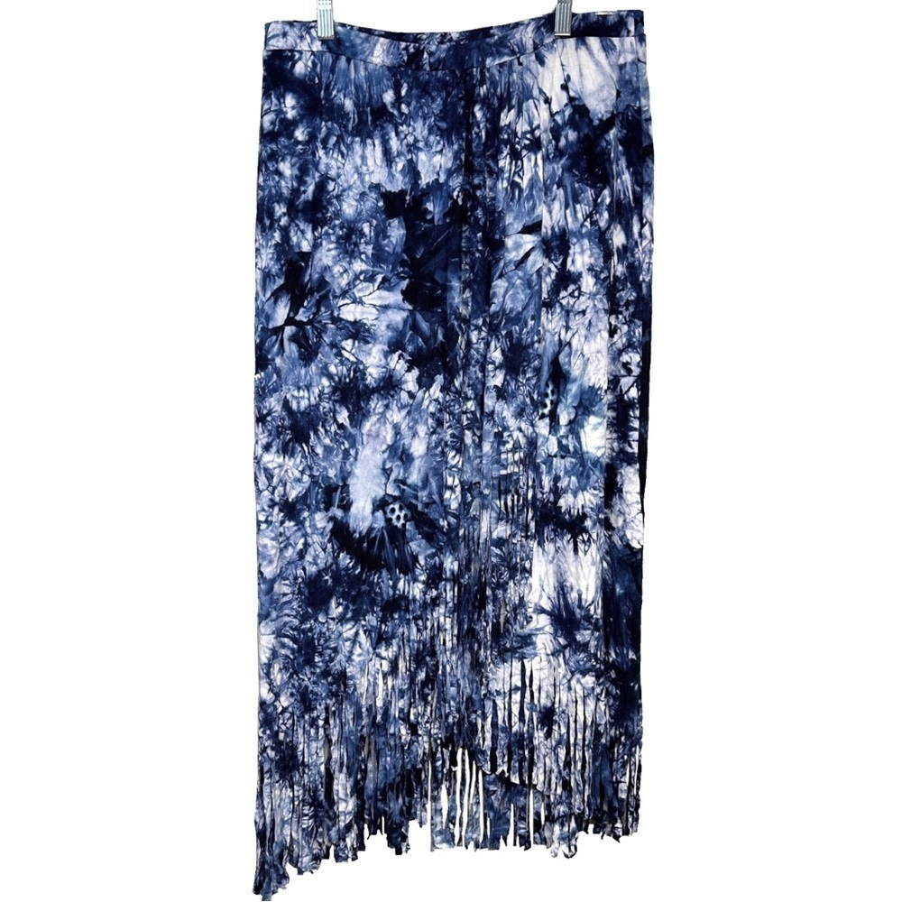 Fringed Tie-Dye Maxi Faux Wrap Skirt Boho Blue White Festival Coachella Large - Picture 6 of 11